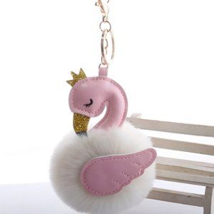 Swan glitter faux fur pom bag charm/key chain ring